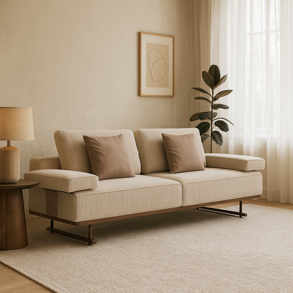 S0601 Stoffsofa mit Holz- und Metalldetail