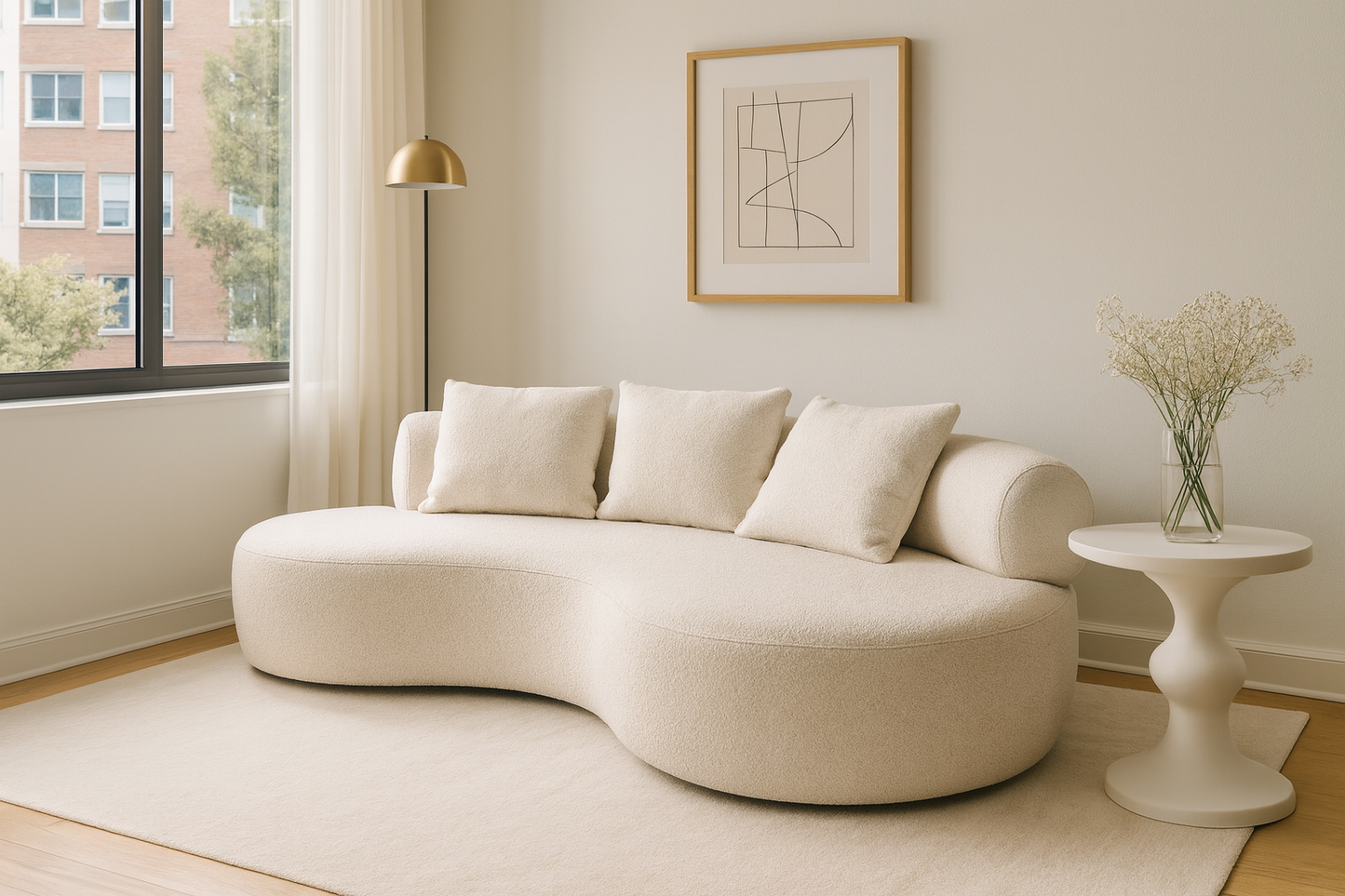 S2018 Bouclé-Sofa mit geschwungener Form