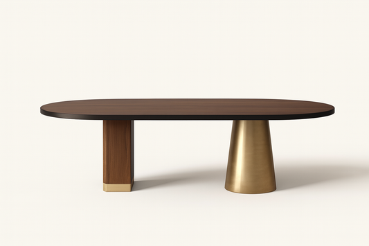 T2025 Ovaler Tisch mit Nussbaum und Messingdetails