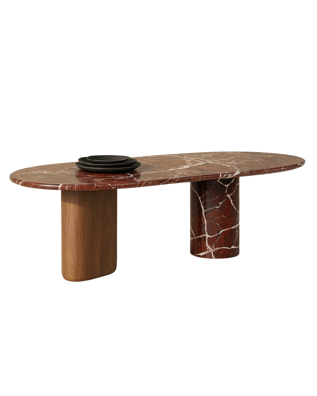 T2039 Esstisch mit rotem Marmor und Nussbaum