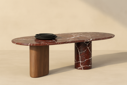 T2039 Esstisch mit rotem Marmor und Nussbaum