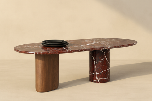 T2039 Esstisch mit rotem Marmor und Nussbaum