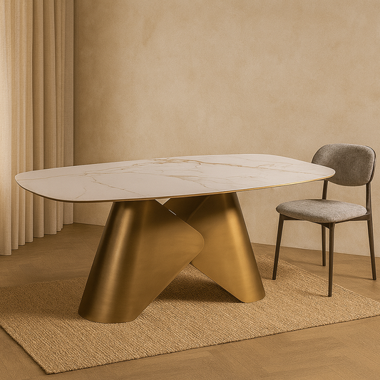 T1502 Esstisch mit goldfarbenem Fuss und Keramikplatte