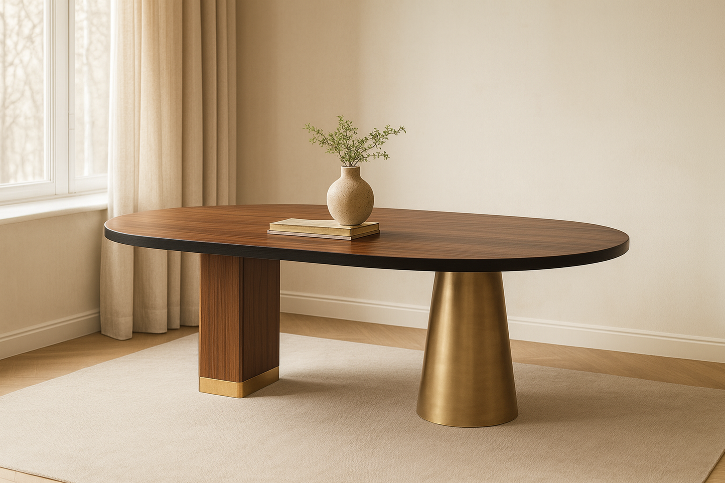 T2025 Ovaler Tisch mit Nussbaum und Messingdetails