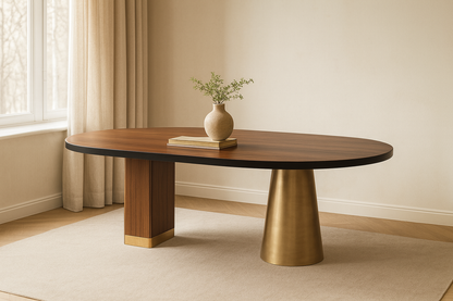 T2025 Ovaler Tisch mit Nussbaum und Messingdetails